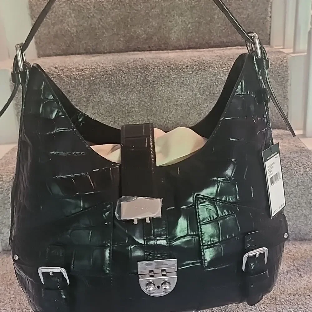 Lauren Ralph Lauren Black Croc-Embossed Leather Shoulder Bag - Picture 10 of 14